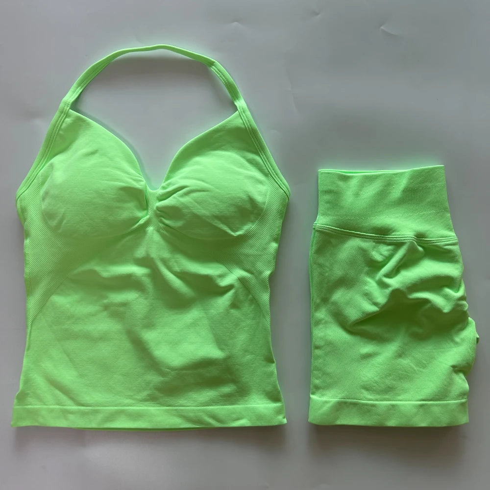 2Pcs Gym Set Women Backless Tank Tops High Waist Scrunch Seamless Shorts