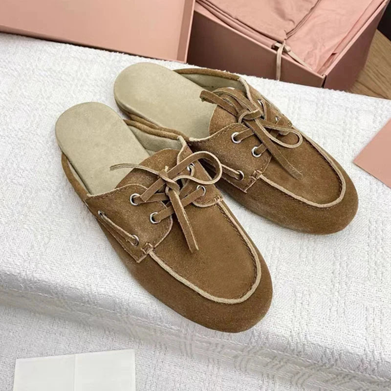 2026 New Fashion Women Slippers Leisure Slip on Summer Beach Holiday Leather Lace Up Versatile Round Toe Flat Loafers Sandals