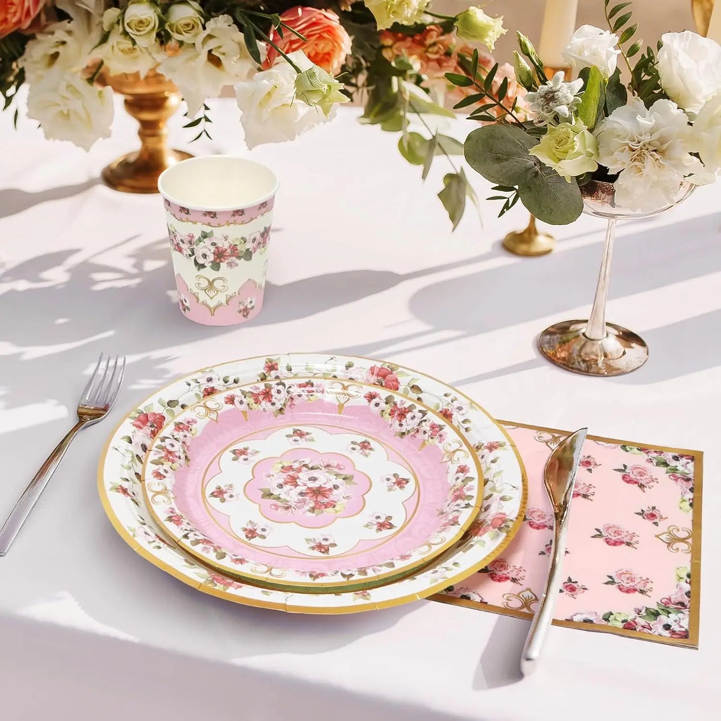 Tea Party Tableware Flower Paper Plate Napkin Cup Girl Birthday Tea Party Pink And Green Flower Decoration Disposable Tableware