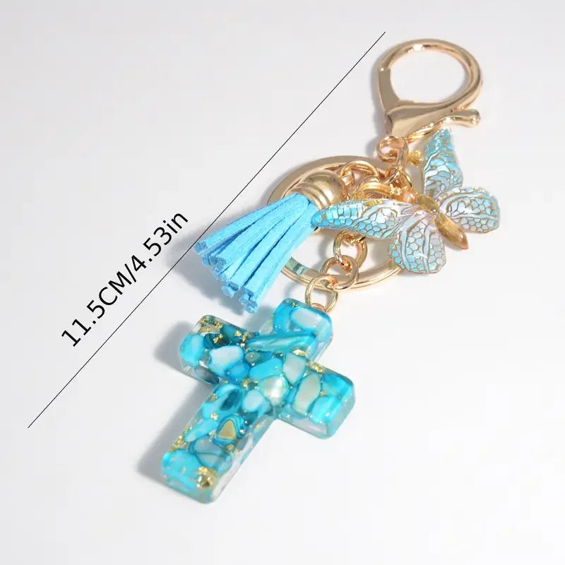 Exquisite Cross Butterfly Keychain Cute Resin Christian Cross Key Ring Purse Bag Pendant Car Key Accessories Women Party Gift
