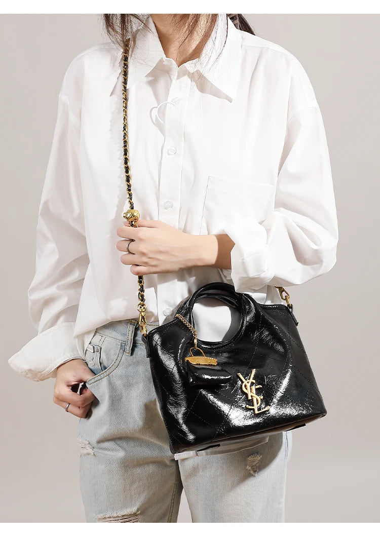 Premium handbag with diamond grid embroidery thread, large capacity vegetable basket bag, chain bar crossbody bag