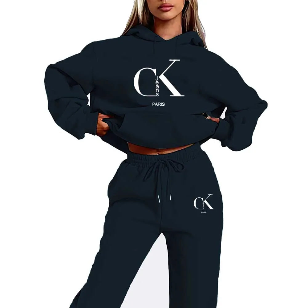 2026 Spring/Summer New Collection Hooded Sweatshirt and Pants Set - Black with White Logo Drawstring Hoodie and Athletic Pants
