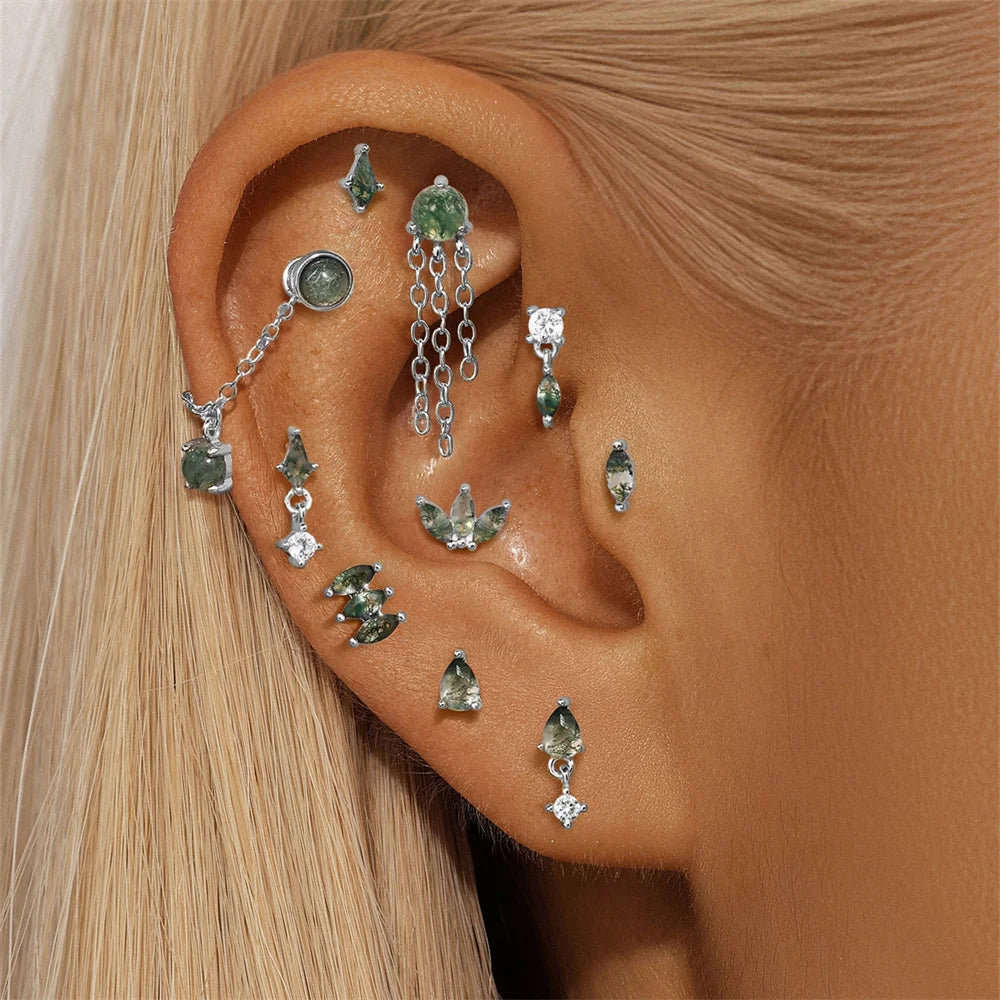 AIDE Water Grass Agate 925 Sterling Silver Flat Head Thread Piercing Earring Green Moss Piercing Ear Bone Earring Jewelry 1pc