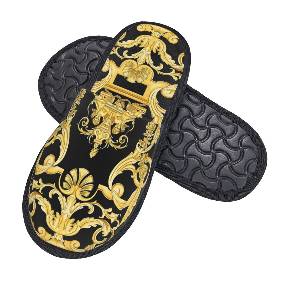 Custom Vintage Baroque Prints Greek Ornament Golden Meander Meandros Soft Scuff Memory Foam Slippers Women Hotel House Shoes
