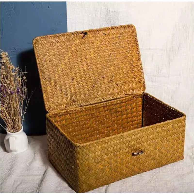 +Handwoven Seagrass Shelf Basket with Lid, Rectangular Desktop Organizer for Makeup & Sundries