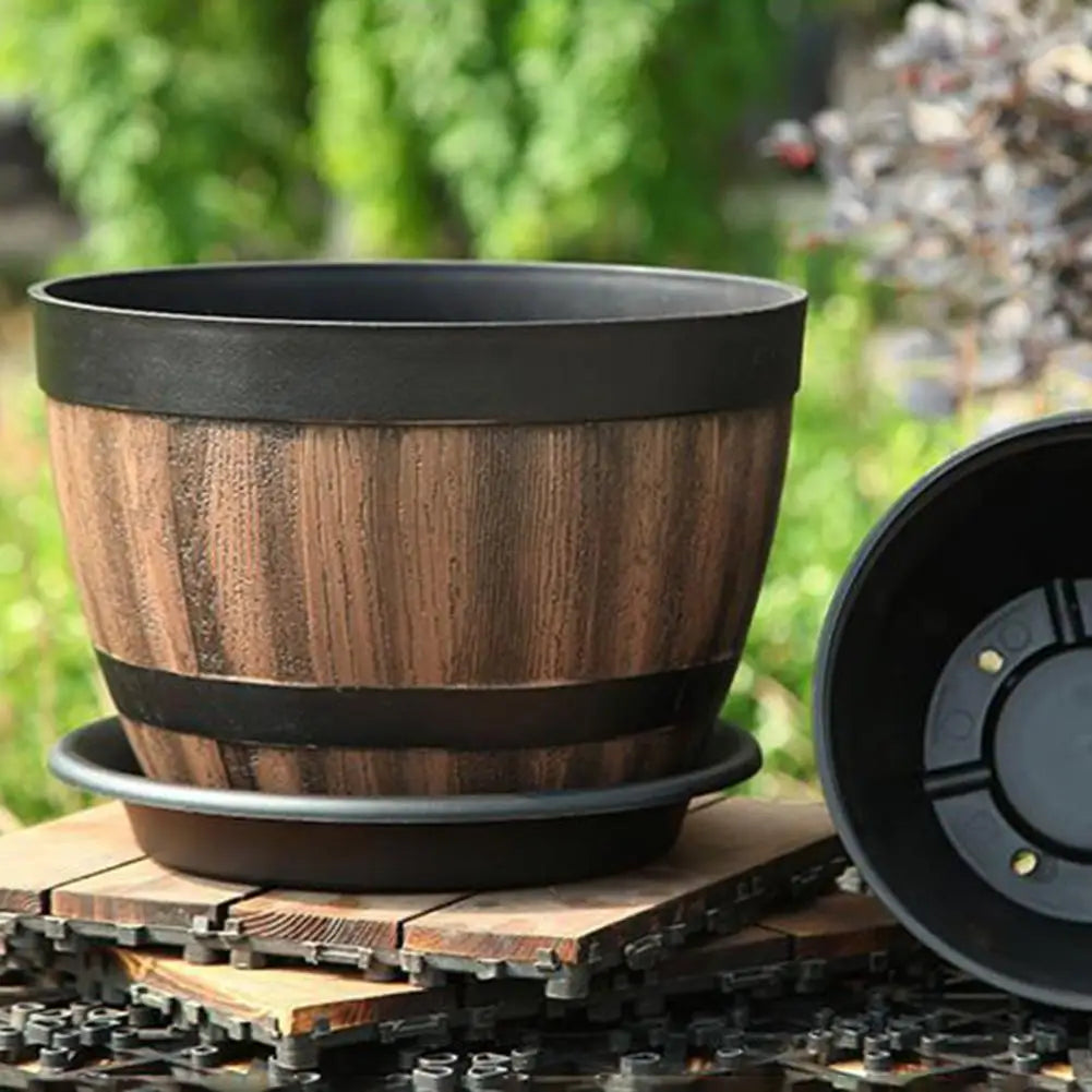 Large Plant Pot Faux Whiskey Barrel Shape Home Decor Plastic Indoor Outdoor Yard Patio Flowerpot for Garden