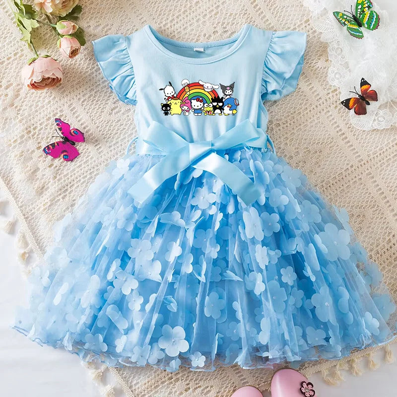 Hello Kitty Girls Summer Dress Cartoon Bow Tutu Dress 3D Butterfly Cute Cotton Party Casual Dress for Baby 2-6 Years