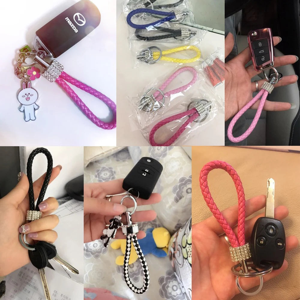 Creative Hand Woven Leather Car Keychain With Diamond Women Men Wallet Backpack Charm Bling Crystal Rope Keyring For Couple Gift