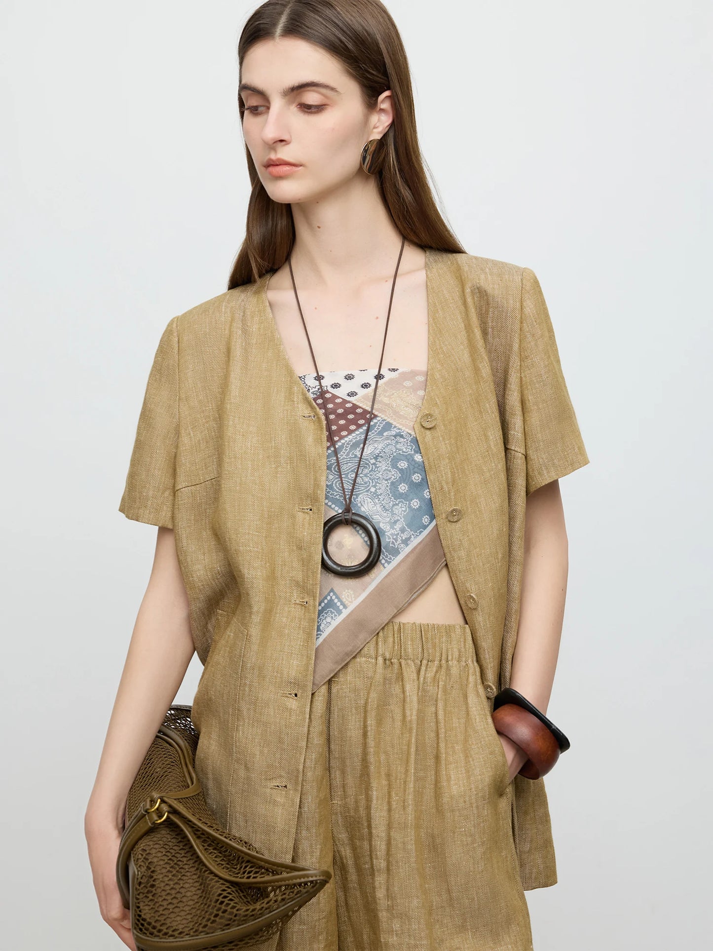 FSLE【Premium Series】V-neck Casual Short-sleeved Shirt Set 2025 Summer 100% Linen Short-sleeved Top Shorts 25FE12092+25FE12093
