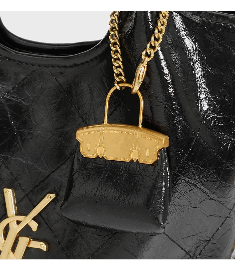 Premium handbag with diamond grid embroidery thread, large capacity vegetable basket bag, chain bar crossbody bag