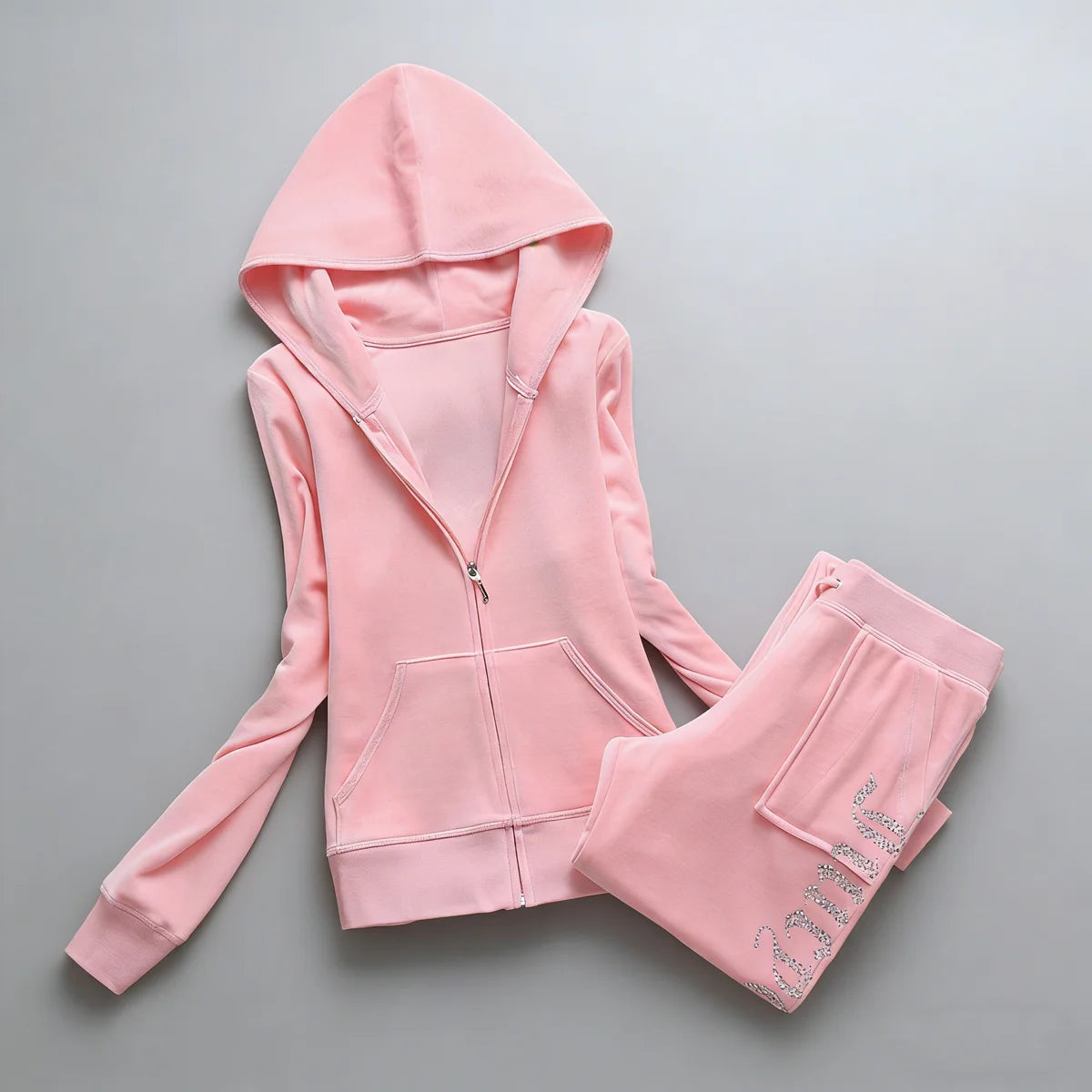 Y2K Women's Velvet Tracksuit 2 Piece Set Rhinestone Crown Print Hoodie + Straight Pants Slim Fit Loungewear Multiple Colors