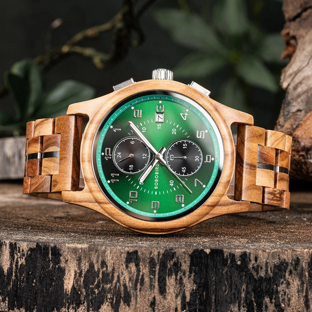 Wooden Watch for Men BOBO BIRD Chronograph Wristwatch with Luminous Hands Wood Watches Anniversary Gift for Him