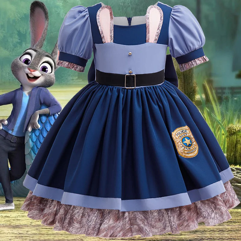 Girl Cosplay Disney Judy Hopps Police Officer Dress Zootopia Bunny Costume Kids Dress Up Halloween Rabbit Dress Outfits