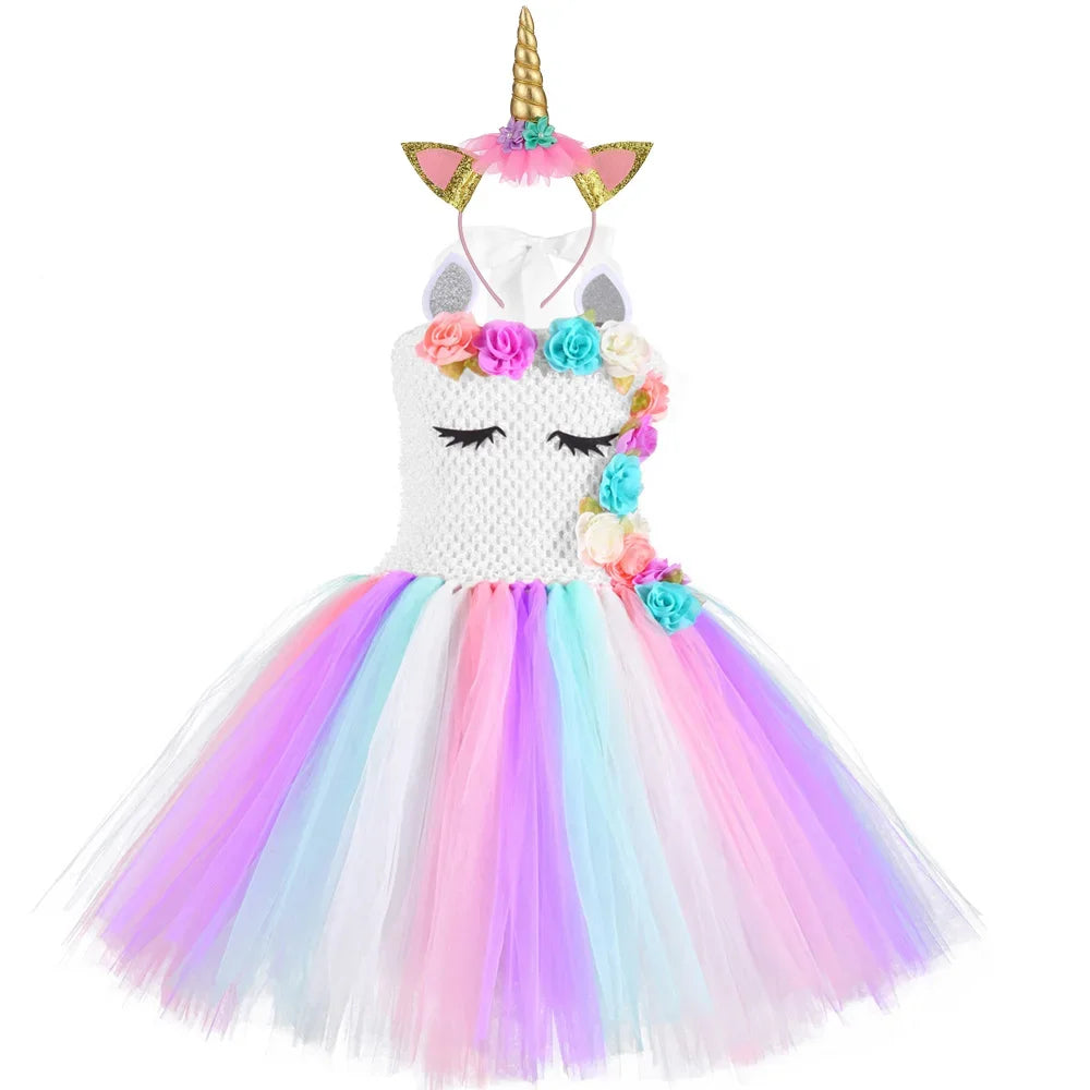 Rainbow Unicorn Dress with Flower Angel Wings Party Dress Princess Costume Cosplay Pony Ball Gown Baby Kids Dresses for Girls