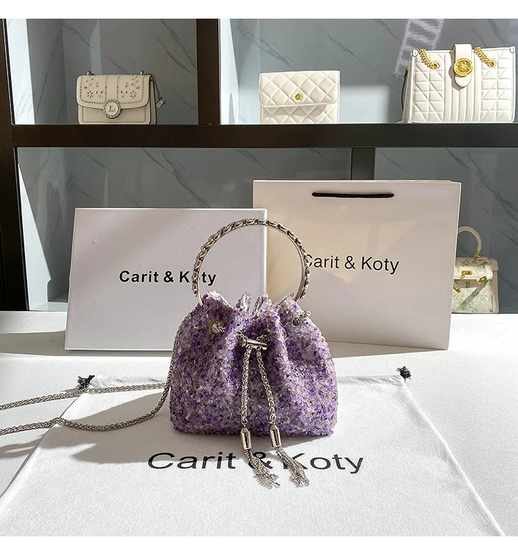 Luxury Designer Colorful Stones Evening Clutch Bag Wedding Party Bucket Purse Metal Handle Women Handbag Shoulder Messenger Bag
