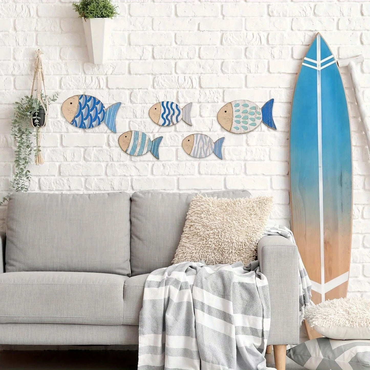 2D Wooden Fish Nautical Walls Beach Art Walls Hang Decorated Marine Themed Retro blue Fish Family Bathroom Pendants Gifts