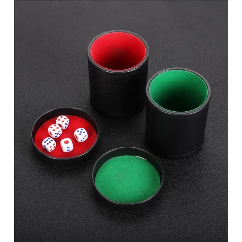 Dice Cup Set with Lid - Green/Red Felt Lined Quiet Rolling for Liars Dice/Farkle/Yahtzee, PU Leather Board Game Shaker