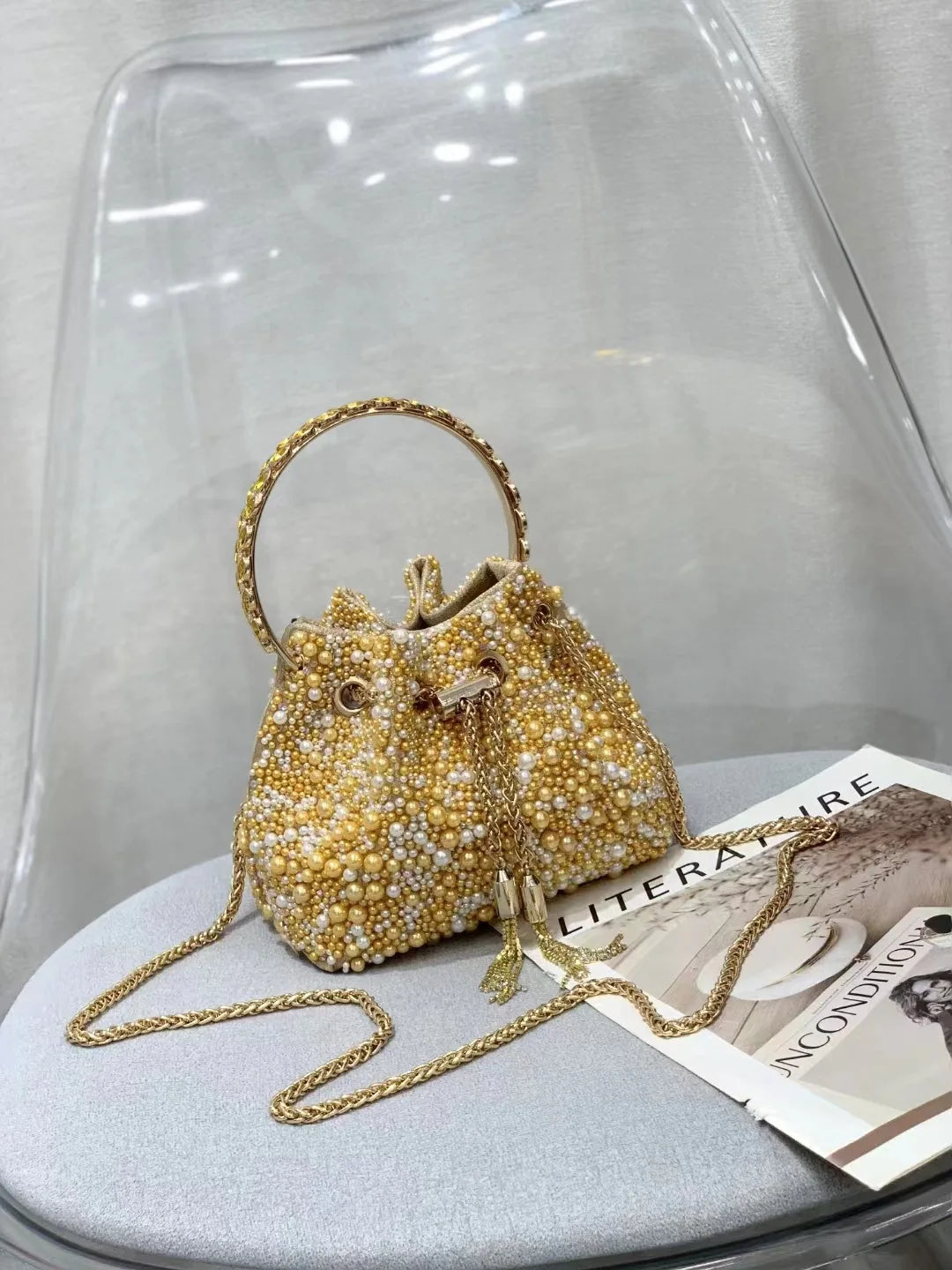 Luxury Designer Colorful Stones Evening Clutch Bag Wedding Party Bucket Purse Metal Handle Women Handbag Shoulder Messenger Bag