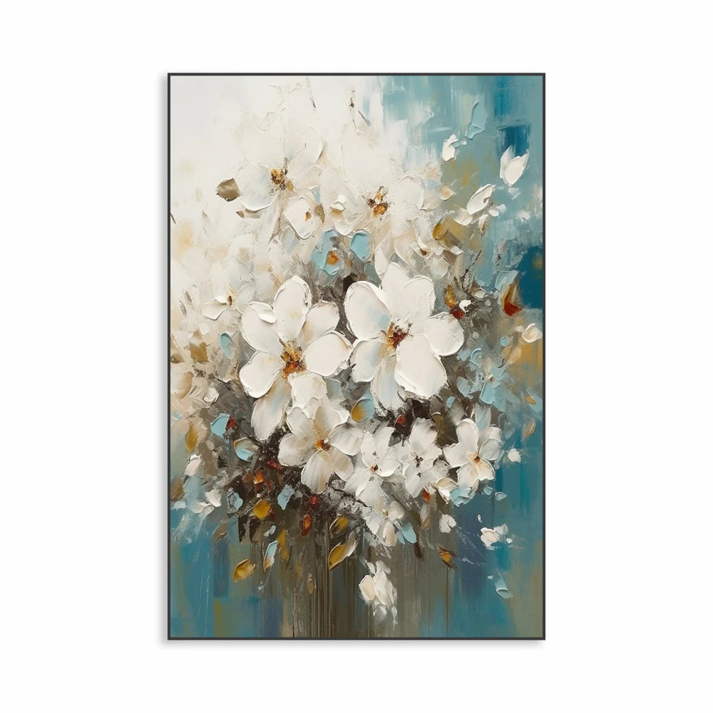 White Textured Flower Painting Poster Heavy Textured Minimalist Wall Art Canvas Painting Prints Home Living Room Decoration