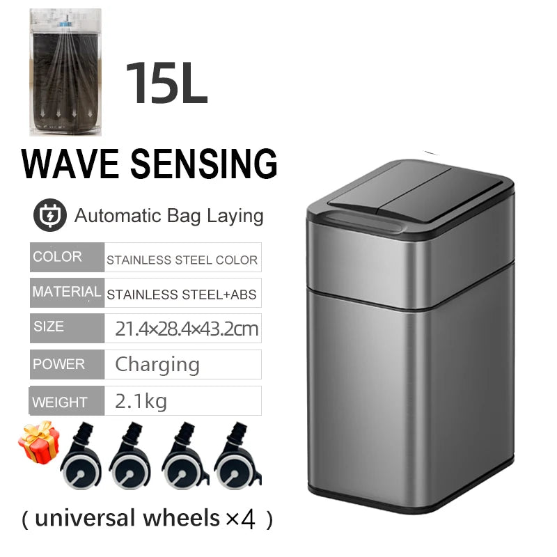 15/20L Smart Trash Can Waterproof Large Kitchen Wastebasket Sensor Automatic Bagging Trash Bin Household Rectangular Garbage Can