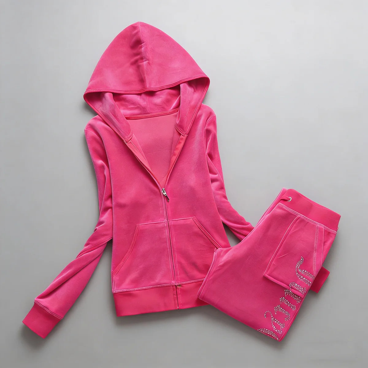 Y2K Women's Velvet Tracksuit 2 Piece Set Rhinestone Crown Print Hoodie + Straight Pants Slim Fit Loungewear Multiple Colors