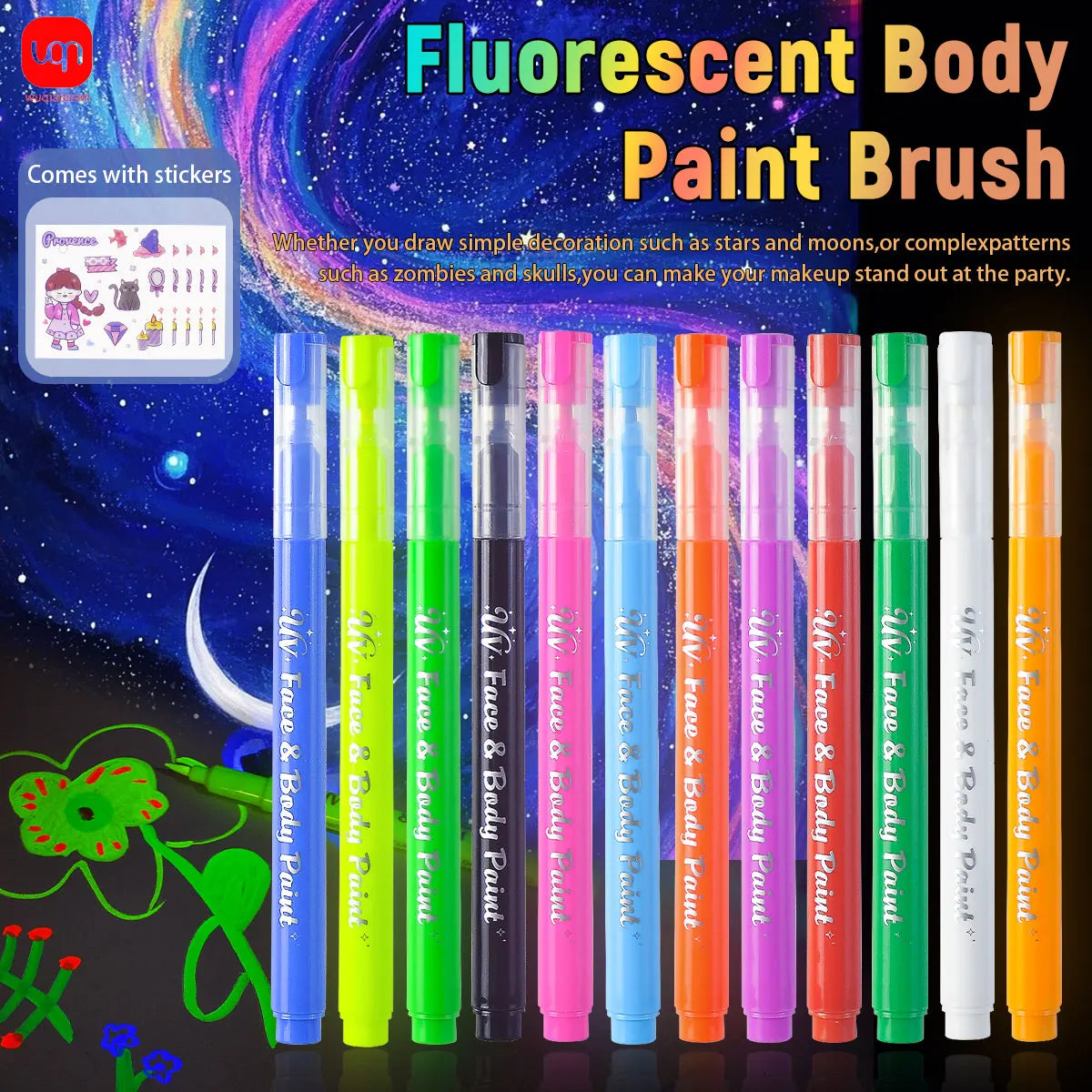 WQN 12pcs Multicolor Fluorescent Body Painting Pens, Lightweight and Portable, for Music Festival Painting and Graffiti Supplies