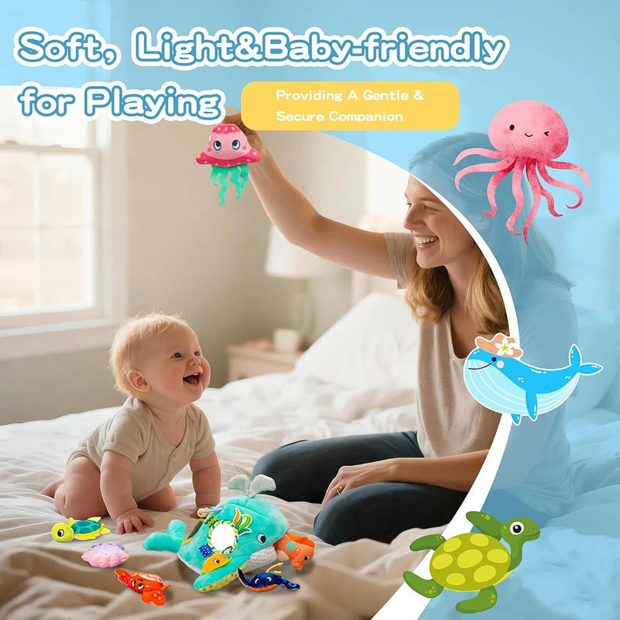 Baby Toys 6-12 Months Soft Baby Beehive with 5 Sensory Bee Rattle Mirror Crinkle Squeaker Busy Montessori Soft Toy for Toddlers