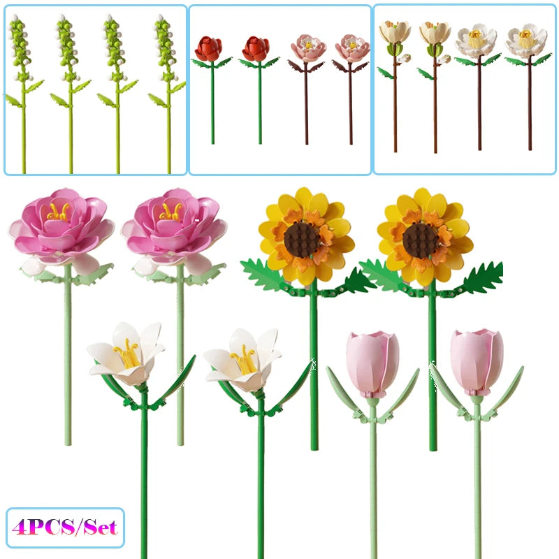 Simulation Flowers Micro Building Blocks Assembly Rose/Sunflower/Tulip/Orchid Eternal Bouquet Home Decor Bricks Toys Girl Gifts