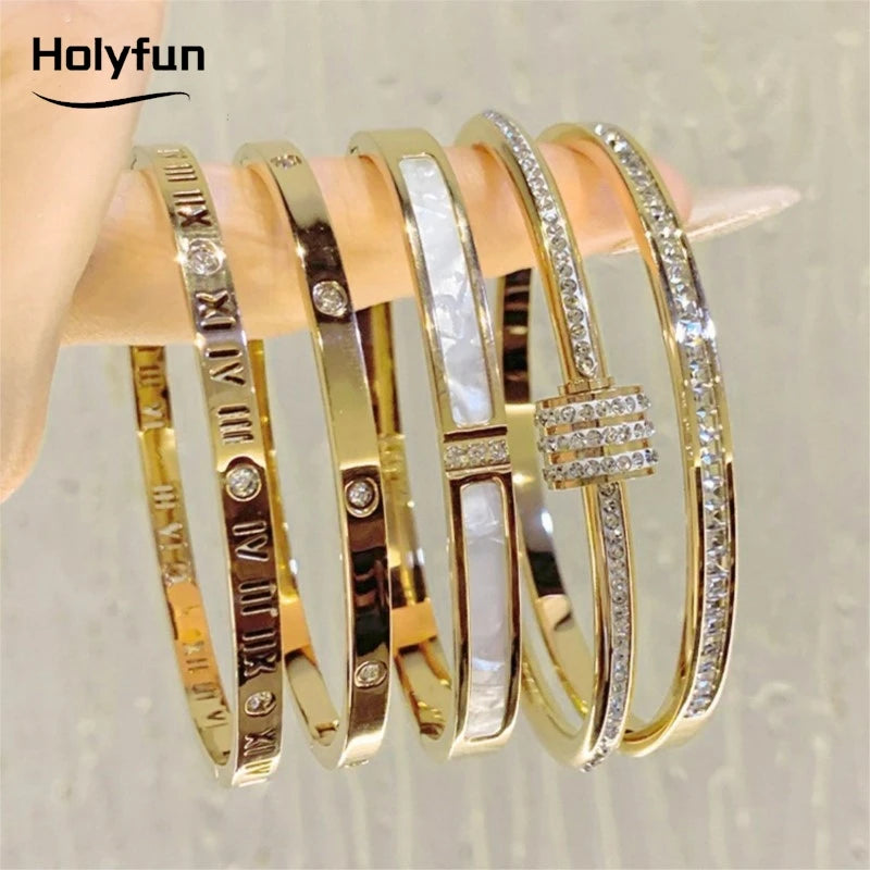 Classic Bracelet Design Gold Color Waterproof Stainless Steel Luxury Brand Sparkling Zircon Bangles for Women Gift Jewelry