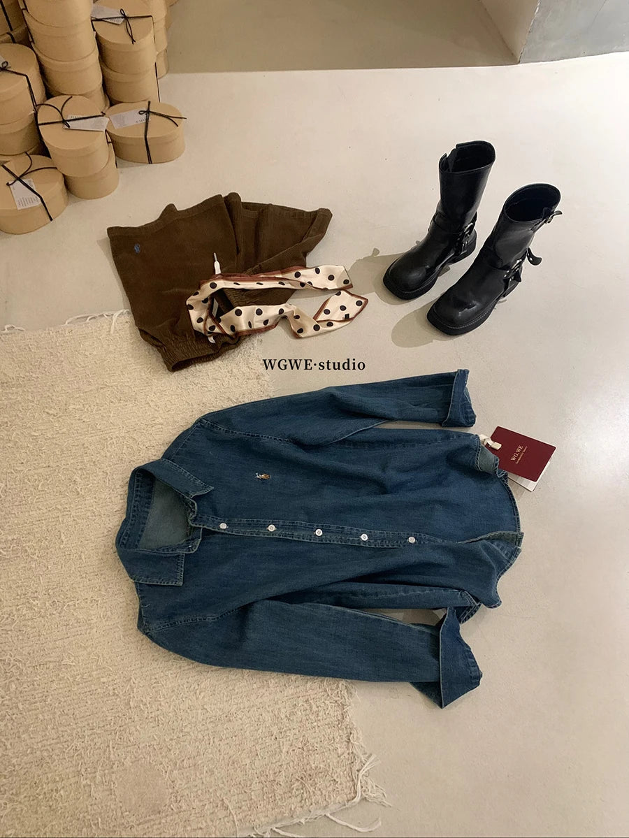 Retro Washed Denim Shirt with  Logo Classic Preppy Style Long Sleeve Women's Casual Fashion Autumn Season Button Closure