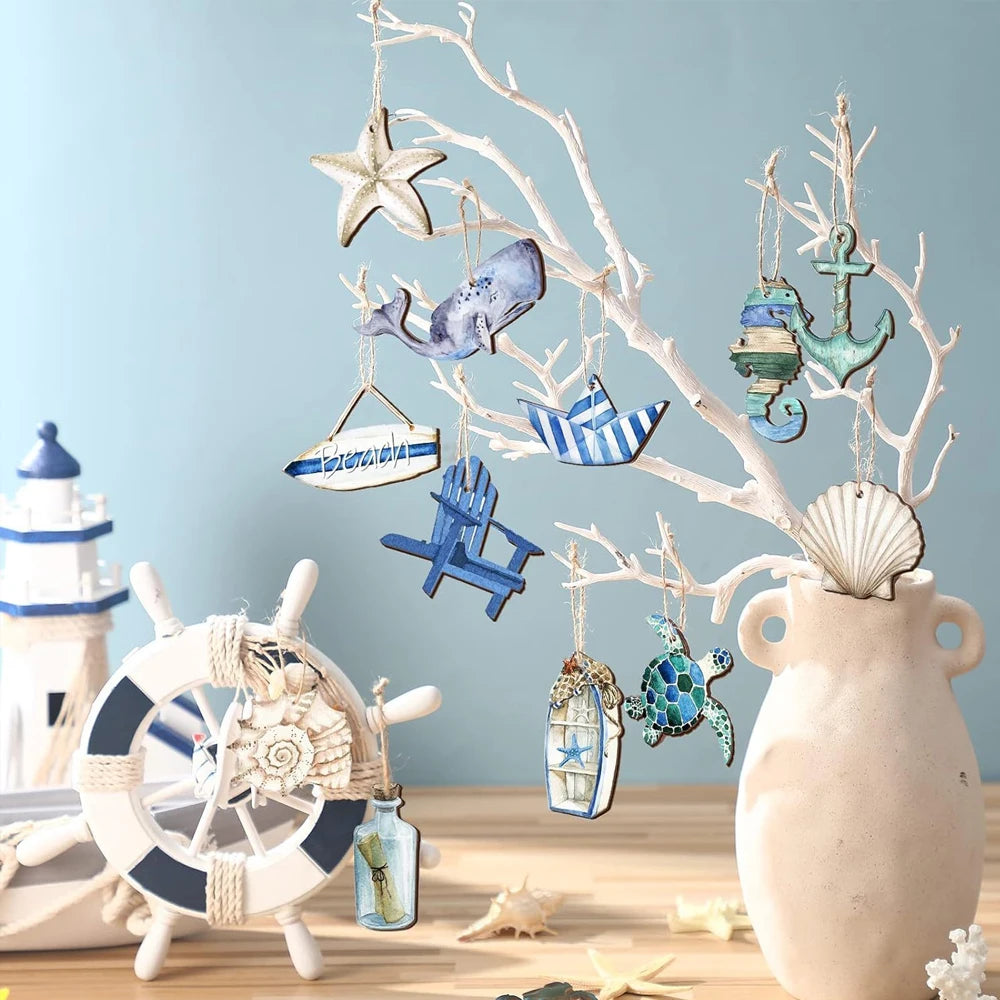 12Pcs Wooden Ocean Themed Decorations Sea Animals Sand Beach Hanging Pendant with Rope for Holiday Party DIY Decor Supplies