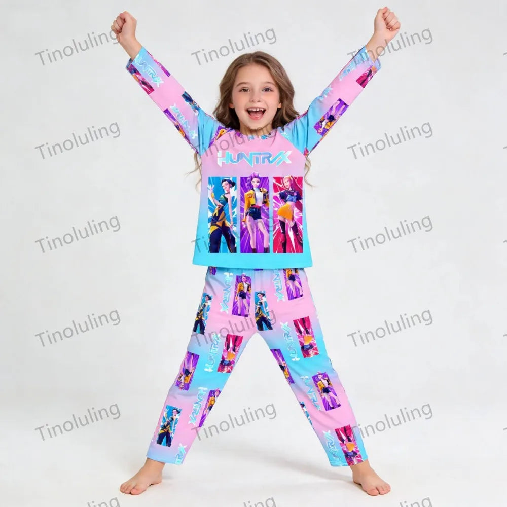 KPop Demon Hunters Huntrix Kids Pajamas Set Long Sleeve Girls Clothing 2pcs Children's Sleepwear Cartoon Boys Nightwear 3-14Y
