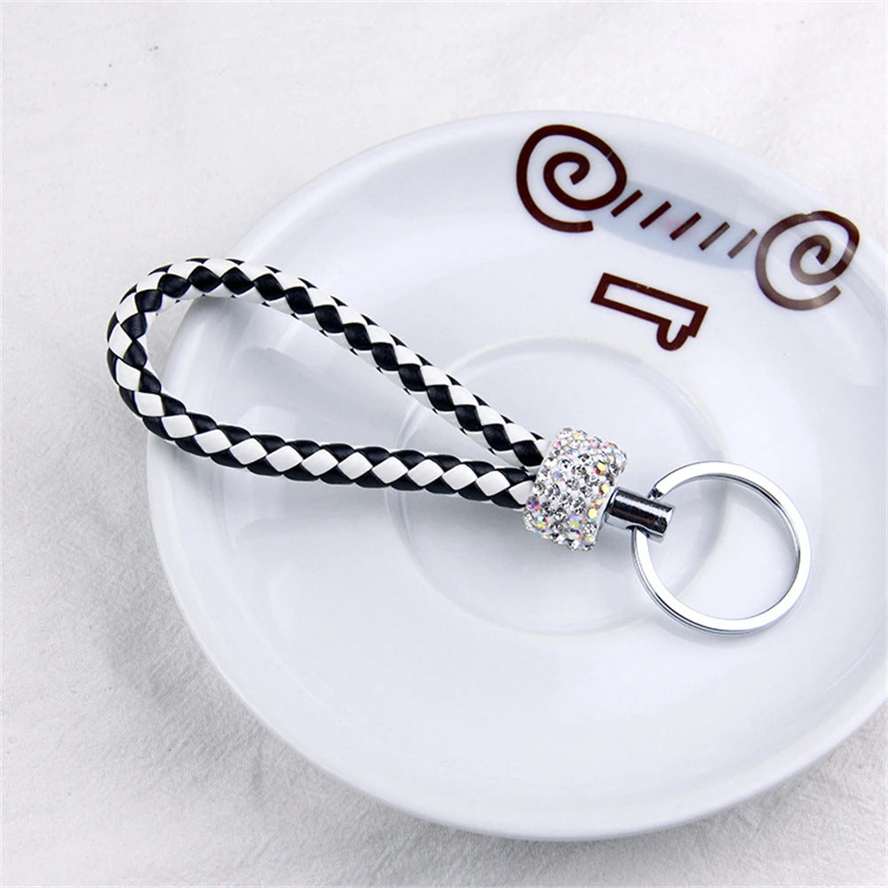 Creative Hand Woven Leather Car Keychain With Diamond Women Men Wallet Backpack Charm Bling Crystal Rope Keyring For Couple Gift