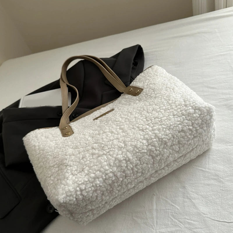 Soft Handbag Large Capacity Fall Winter Shoulder Bag Women Lamb Wool Tote Bag Zipper Closure Casual Shopping Traveling Tote