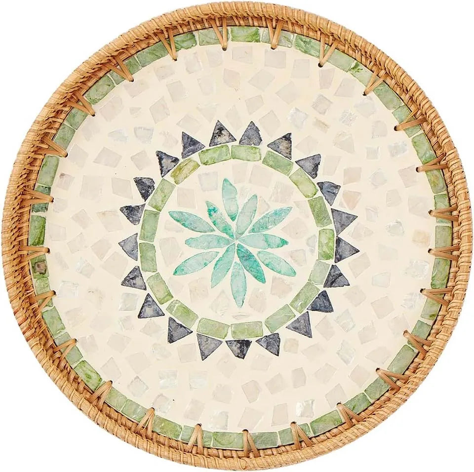 Round Rattan Tray with Mother of Pearl Inlay Rattan Serving Tray Wooden Base Storage and Display of Coffee Bread Food Fruit