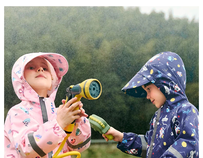 Camouflage Print Kids Raincoat With Visor Hood Reflective Strips Waterproof Toddler Cute Animal Outdoor Travel Coverall Raincoat