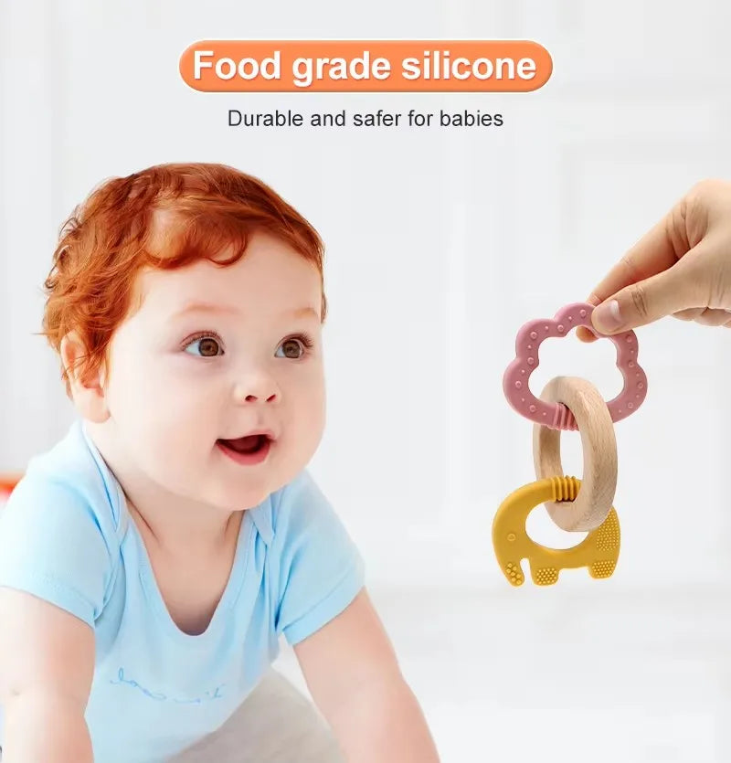 Baby Teething Toys Silicone Wooden Ring Teether BPA Free Cute Elephant Babies Chew Toy for Boys and Girls Newborn Gifts