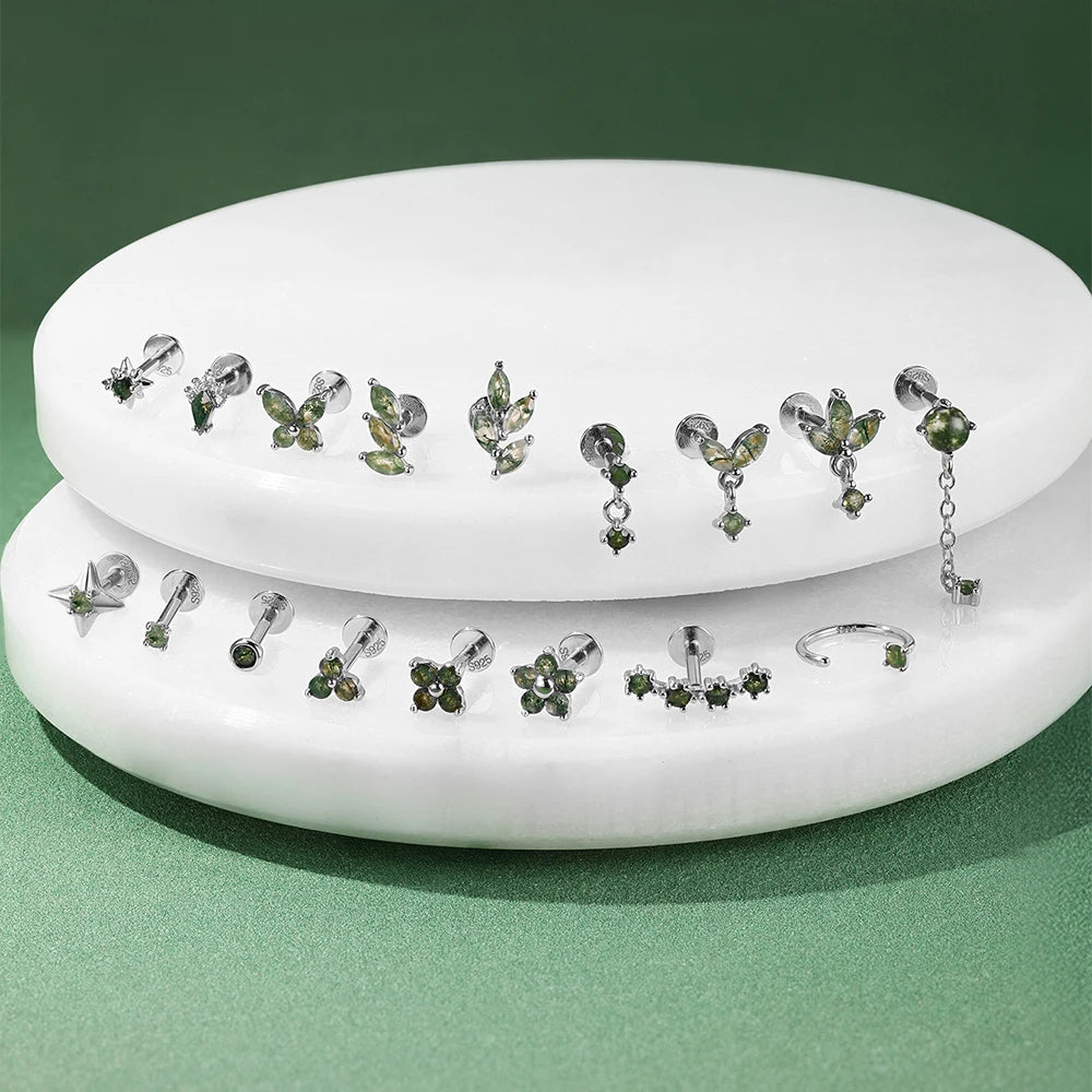 AIDE Water Grass Agate 925 Sterling Silver Flat Head Thread Piercing Earring Green Moss Piercing Ear Bone Earring Jewelry 1pc