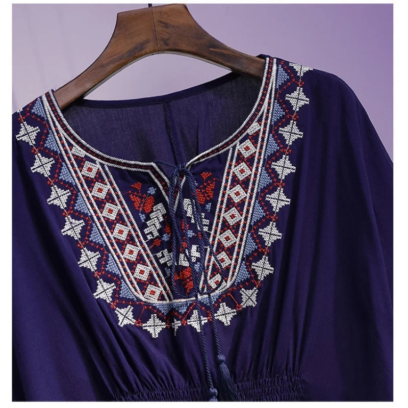 Women Summer Tees Retro Boho Style Embroidery Blouses Cloak Top Loose Cotton Lace Hem Bat sleeve Kimono Shirts Blusa Feminina