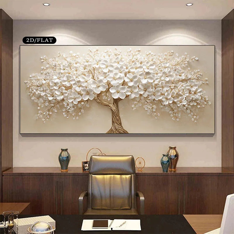 Large White Flower Nordic Tree Life Canvas Print  Beige Golden Branch Plant Wall Art Poster for Modern Living Room Home Decor