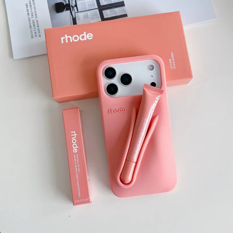 RHODE lip gloss, suitable for iPhone 11/13/14/15/16/17 Pro Max Plus, makeup lip gloss silicone protective cover, with lip gloss