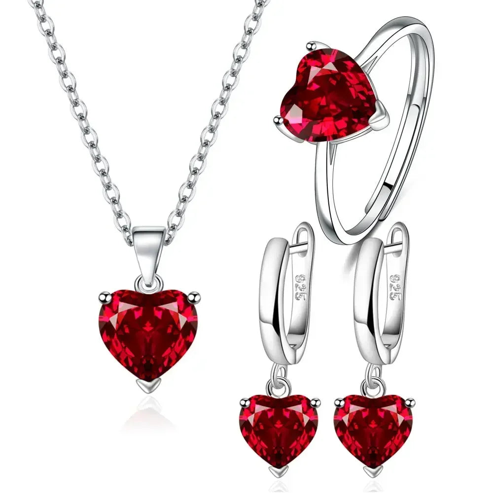 Fine 925 Sterling Silver Color Jewelry Gift Sets for Women Female Romantic Heart Zircon Huggie Earrings Pendant Necklace Ring