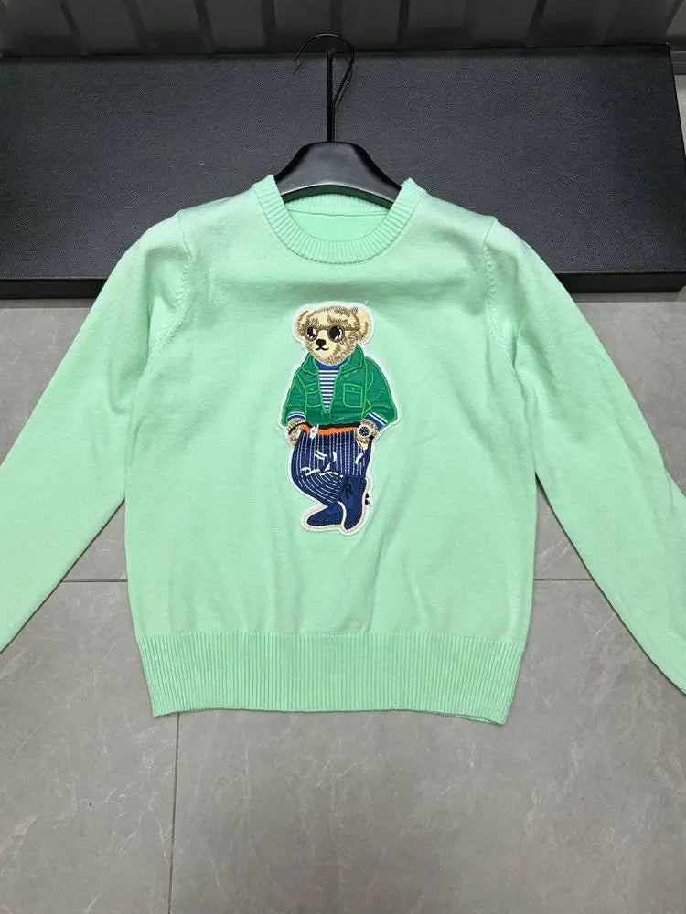 High Street Luxury French Ladies Embroidery Bear Knitted Pullover Sweater For Women Fashion Casual Knitwear Tops Pull Femme