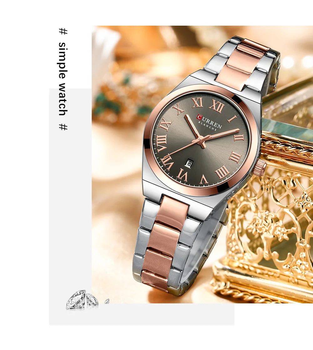 CURREN Fashionable Quartz Watches for Women Roman Numerals Simple Elegant Stainless Steel Braclete Ladies Wristwatch