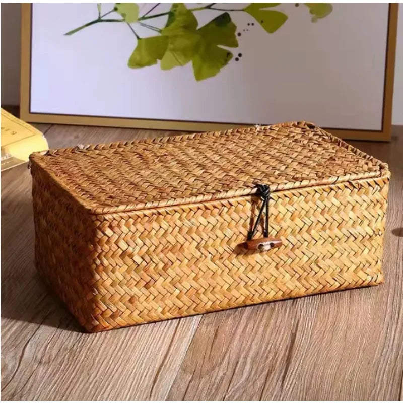 +Handwoven Seagrass Shelf Basket with Lid, Rectangular Desktop Organizer for Makeup & Sundries