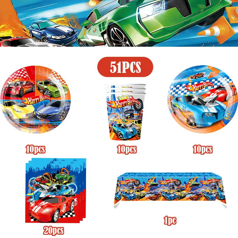 Happy Wheels Birthday Birthday Party Supplies Hot Race Car Theme Tableware Set Cups Plates Balloons Gift Bags for Kids Boys ﻿