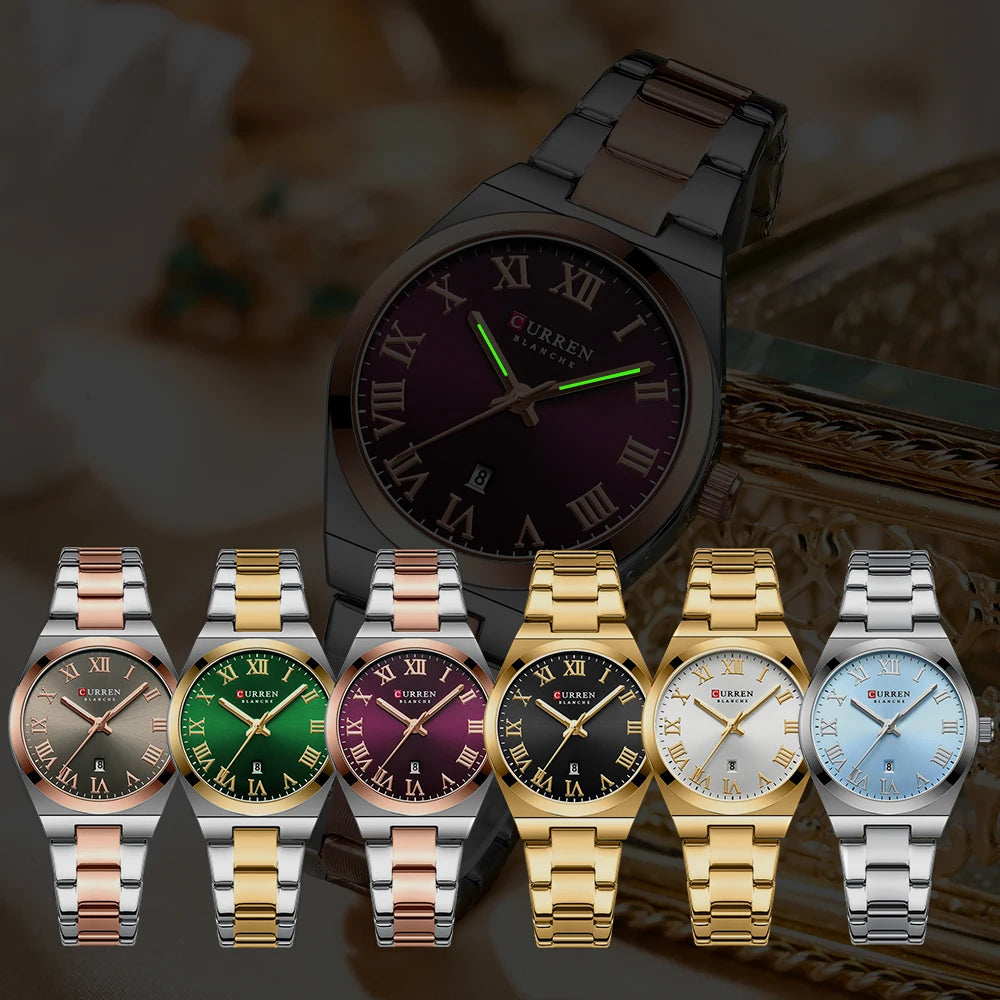 CURREN Fashionable Quartz Watches for Women Roman Numerals Simple Elegant Stainless Steel Braclete Ladies Wristwatch