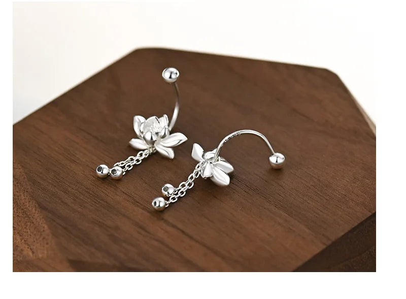 YILUOCD 925 Sterling Silver Lotu Flower Stud Earrings Vintage Tassel  Flower Earrings for Women Cute Sweet Irregular Jewelry