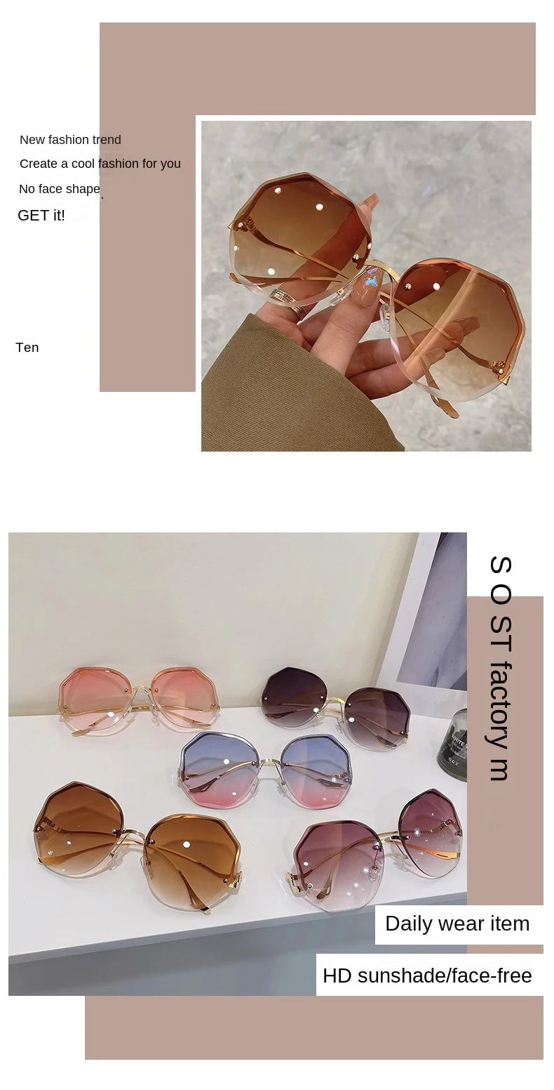 Trendy fashionable polygonal frameless cut edge sunglasses women's metal curved legs retro street photo sunglasses