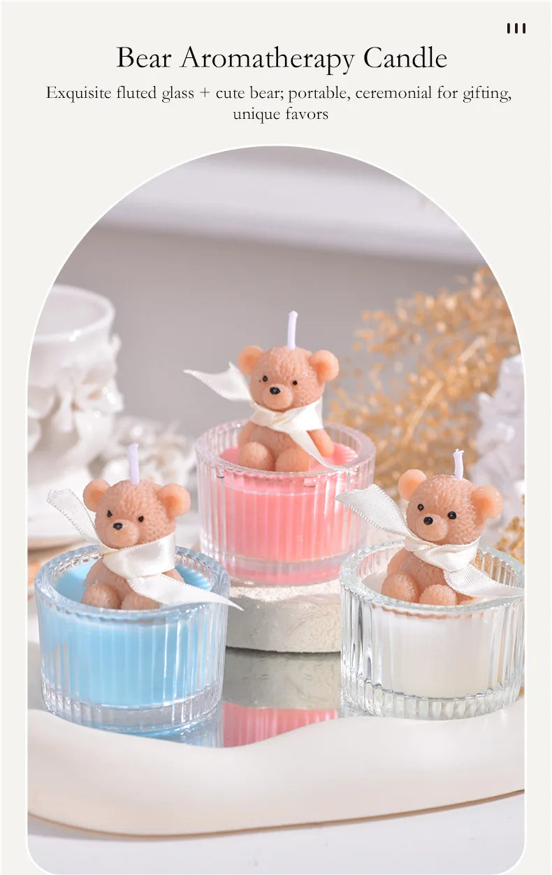 Scented Luxury Teddy Bear Soy Candle in Glass Jar with Ribbon, Creamy Pastel Gifts for Women, Bridal Shower & Holiday Favors